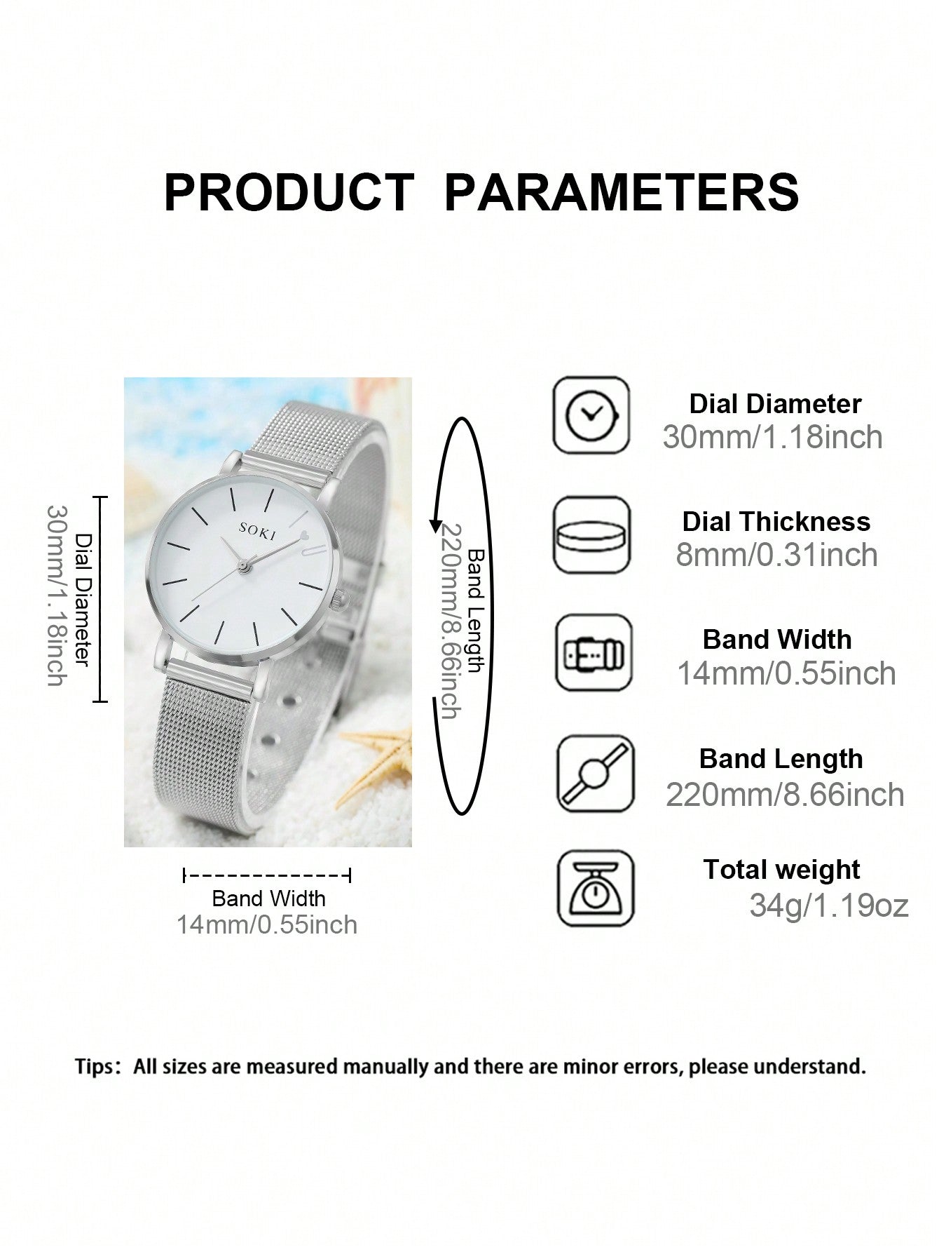 Shein - 1pc Women's Stainless Steel Mesh Strap Quartz Watch With Silver 'love' Dial And 5pcs/set Metal Chain Bracelets
