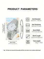 Shein - 1pc Women's Stainless Steel Mesh Strap Quartz Watch With Silver 'love' Dial And 5pcs/set Metal Chain Bracelets