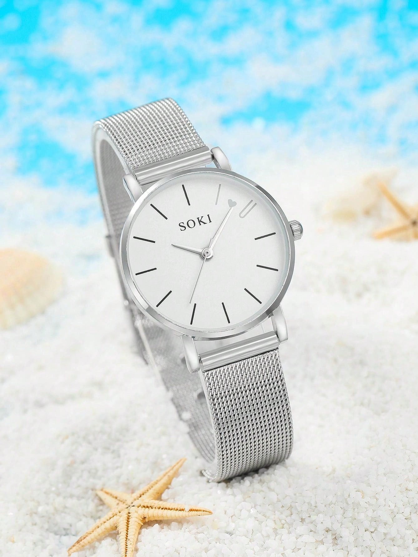 Shein - 1pc Women's Stainless Steel Mesh Strap Quartz Watch With Silver 'love' Dial And 5pcs/set Metal Chain Bracelets