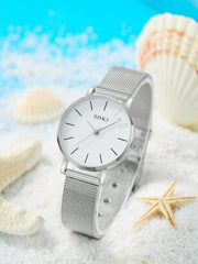 Shein - 1pc Women's Stainless Steel Mesh Strap Quartz Watch With Silver 'love' Dial And 5pcs/set Metal Chain Bracelets