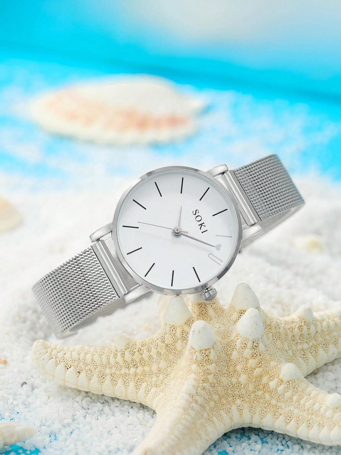 Shein - 1pc Women's Stainless Steel Mesh Strap Quartz Watch With Silver 'love' Dial And 5pcs/set Metal Chain Bracelets