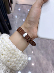 Shein - Rectangle Minimalist Style Women'S Quartz Wristwatch With Black, Brown And Green Striped Band