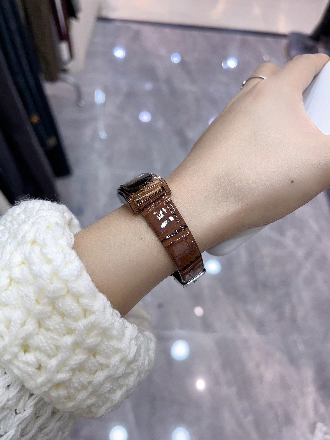 Shein - Rectangle Minimalist Style Women'S Quartz Wristwatch With Black, Brown And Green Striped Band