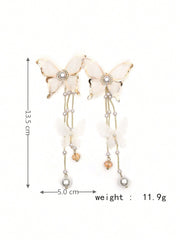 Shein - 2Pcs Elegant Lace, Rhinestone, Faux Pearl & Butterfly Dangle Earrings With Long Tassels For Women'S Daily Wear, European And American Style