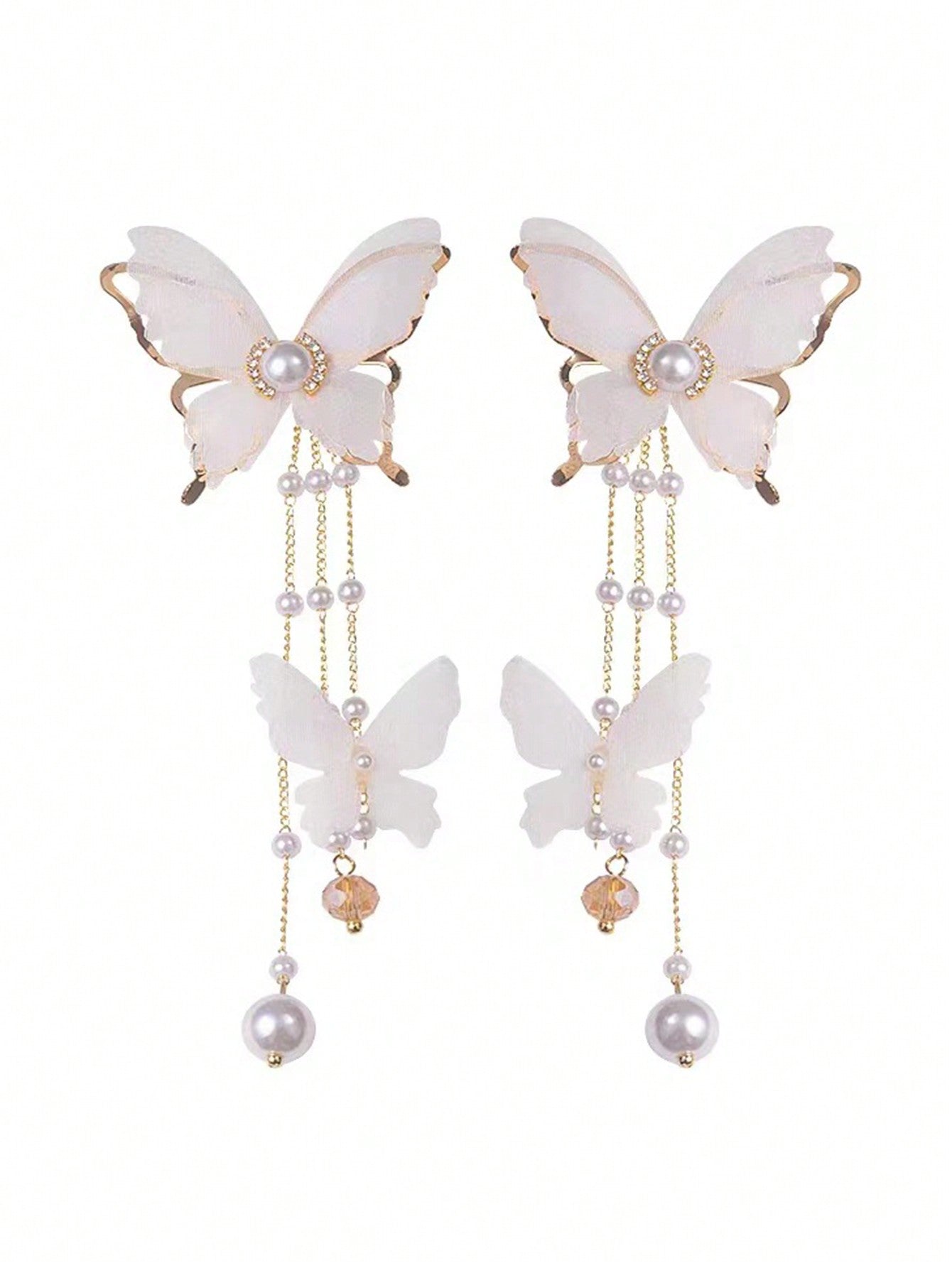 Shein - 2Pcs Elegant Lace, Rhinestone, Faux Pearl & Butterfly Dangle Earrings With Long Tassels For Women'S Daily Wear, European And American Style