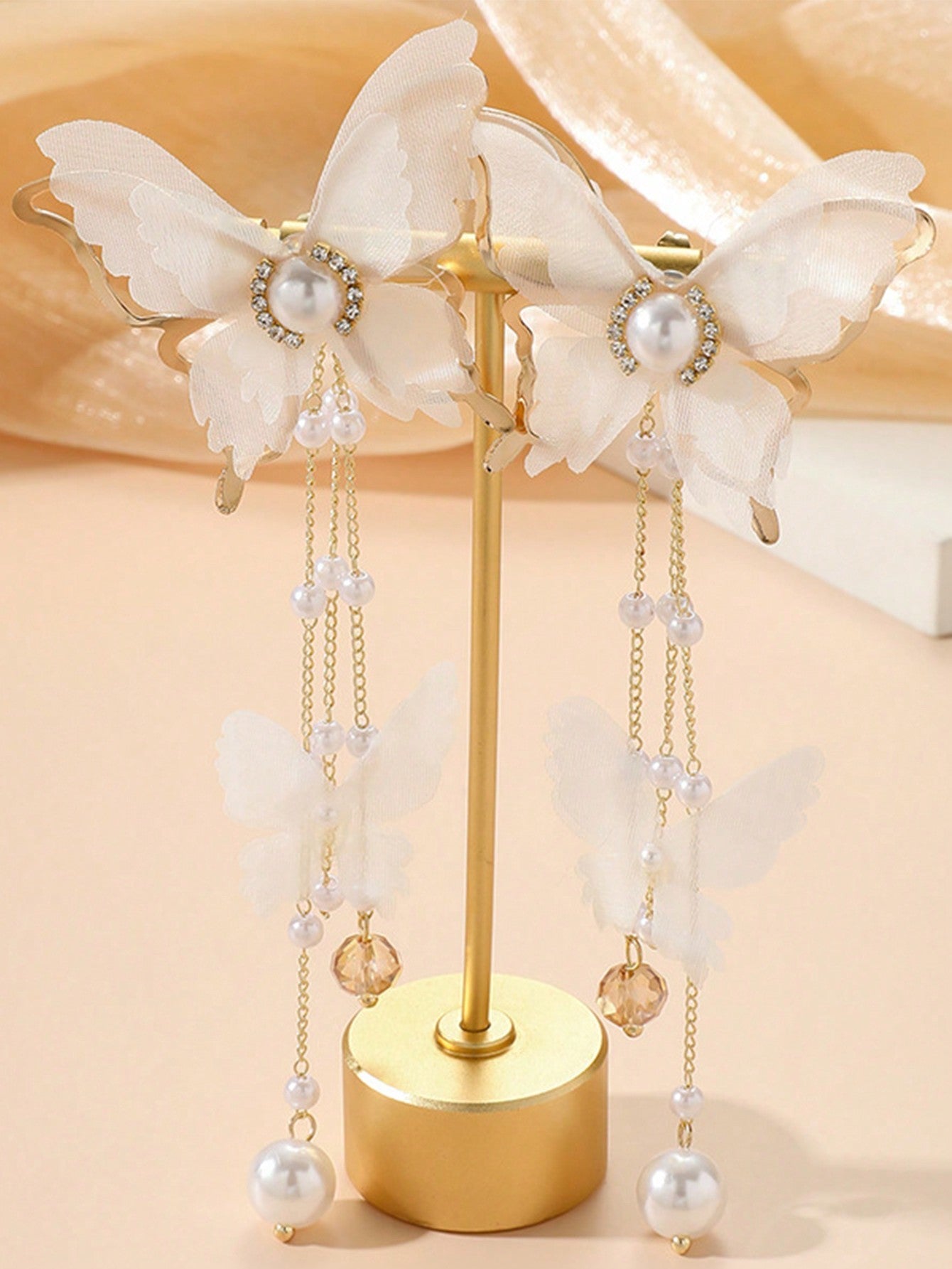Shein - 2Pcs Elegant Lace, Rhinestone, Faux Pearl & Butterfly Dangle Earrings With Long Tassels For Women'S Daily Wear, European And American Style