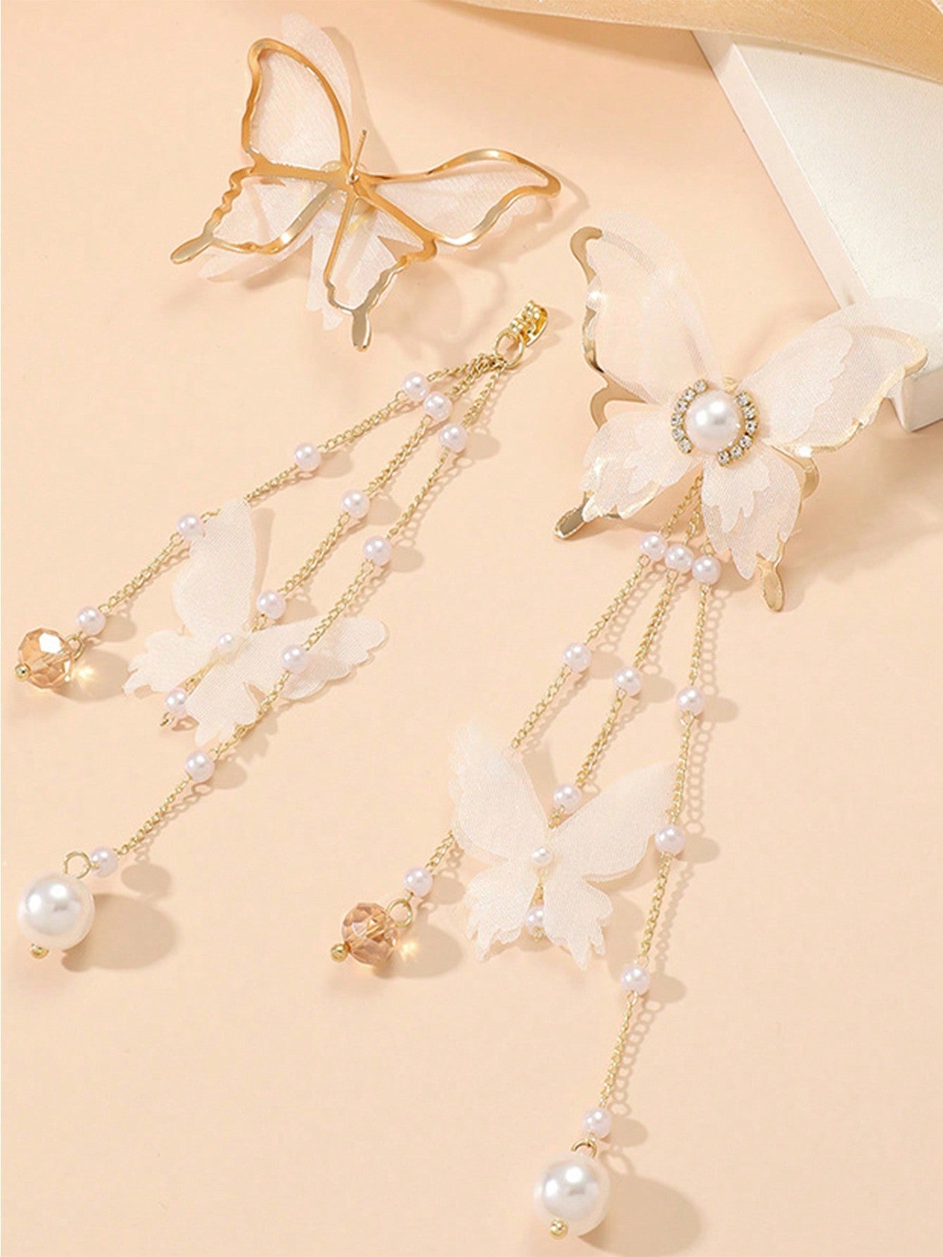 Shein - 2Pcs Elegant Lace, Rhinestone, Faux Pearl & Butterfly Dangle Earrings With Long Tassels For Women'S Daily Wear, European And American Style