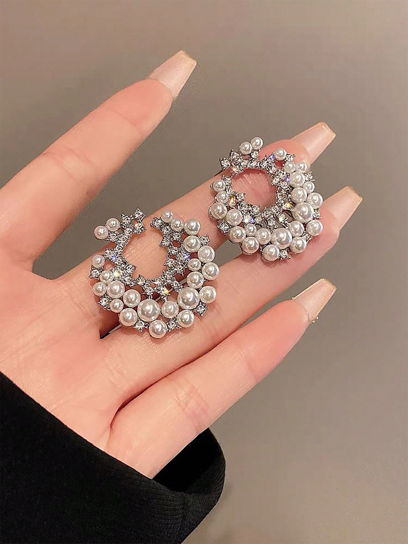 Shein - 1Pair French Style Personality Rhinestone & Faux Pearl Crescent Moon-Shaped Stud Earrings