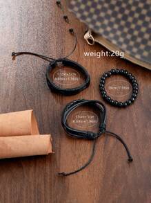 Shein - Men Watch 1pc Men's Black Nylon Strap Casual Industrial Style Round Dial Calendar Pointer Quartz Watch And 3pcs Bracelets Set