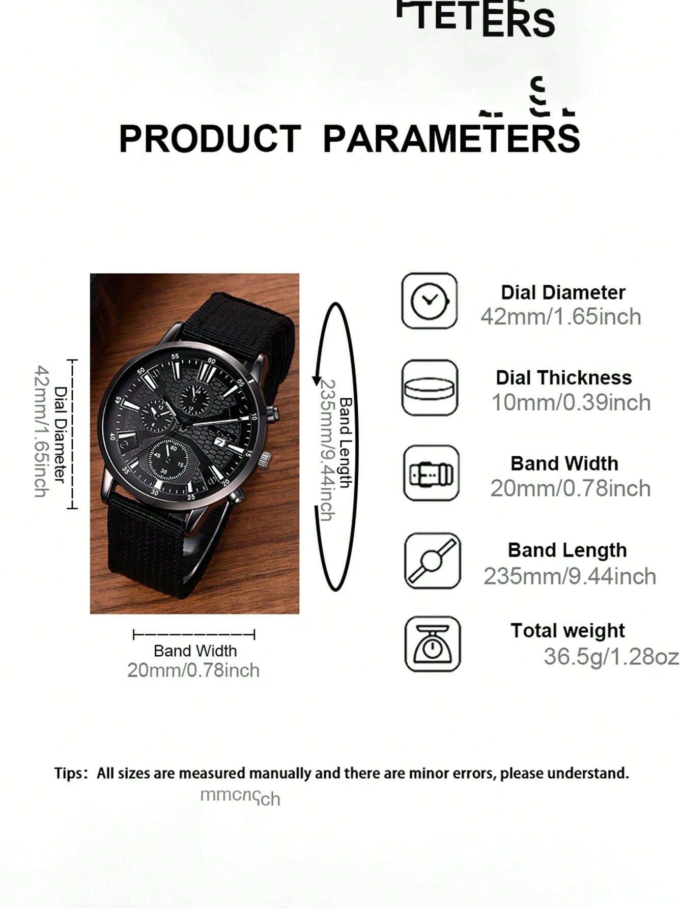 Shein - Men Watch 1pc Men's Black Nylon Strap Casual Industrial Style Round Dial Calendar Pointer Quartz Watch And 3pcs Bracelets Set