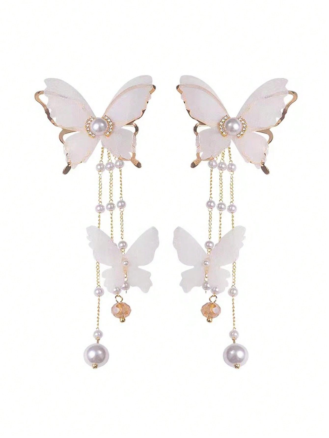 Shein - 2Pcs Elegant Lace, Rhinestone, Faux Pearl & Butterfly Dangle Earrings With Long Tassels For Women'S Daily Wear, European And American Style