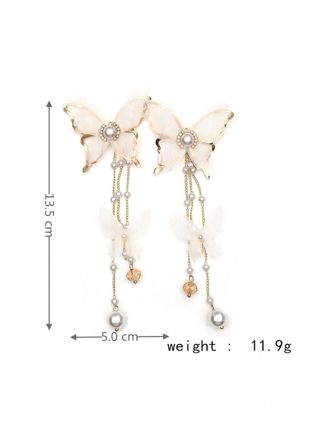 Shein - 2Pcs Elegant Lace, Rhinestone, Faux Pearl & Butterfly Dangle Earrings With Long Tassels For Women'S Daily Wear, European And American Style