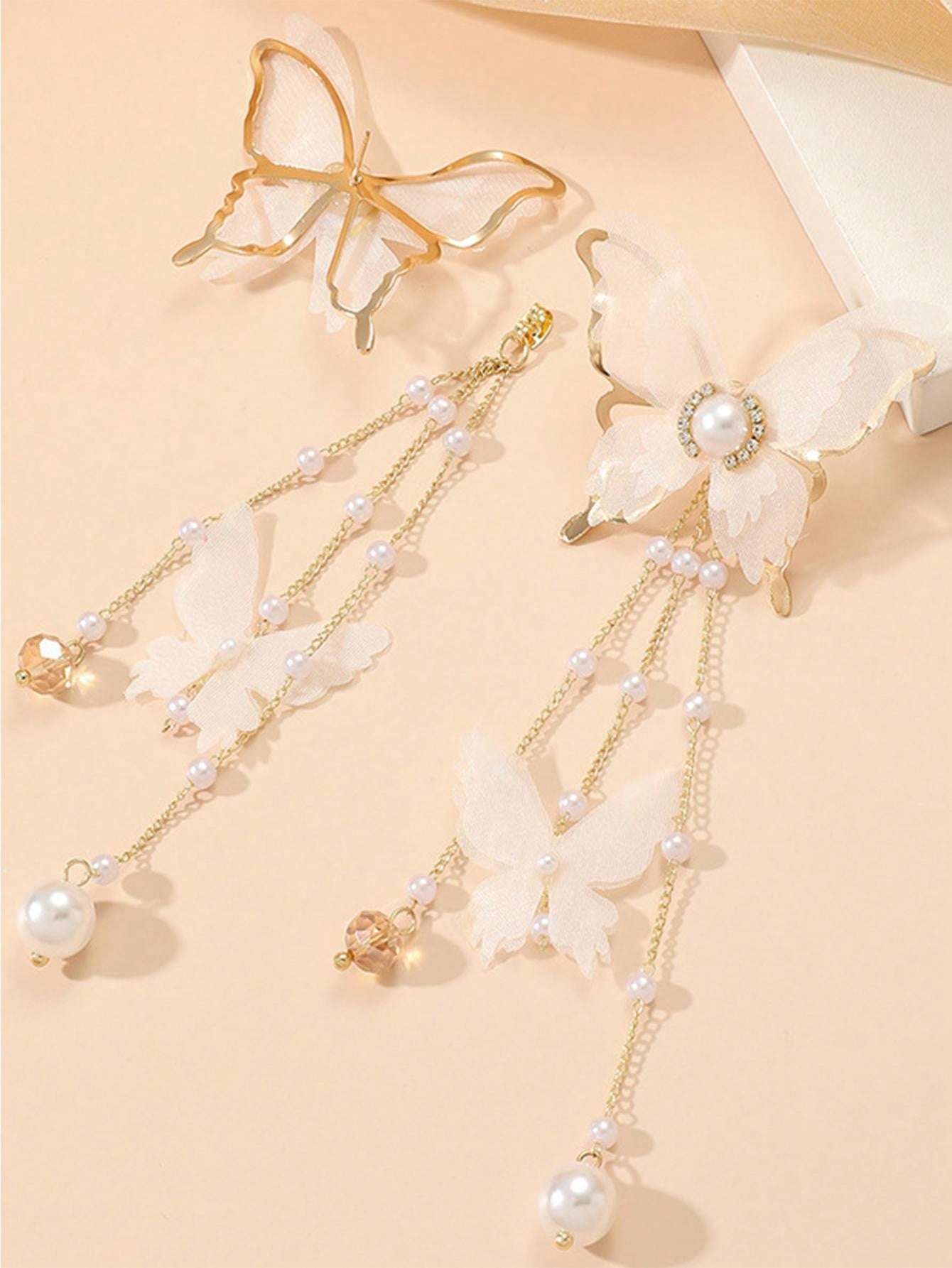 Shein - 2Pcs Elegant Lace, Rhinestone, Faux Pearl & Butterfly Dangle Earrings With Long Tassels For Women'S Daily Wear, European And American Style