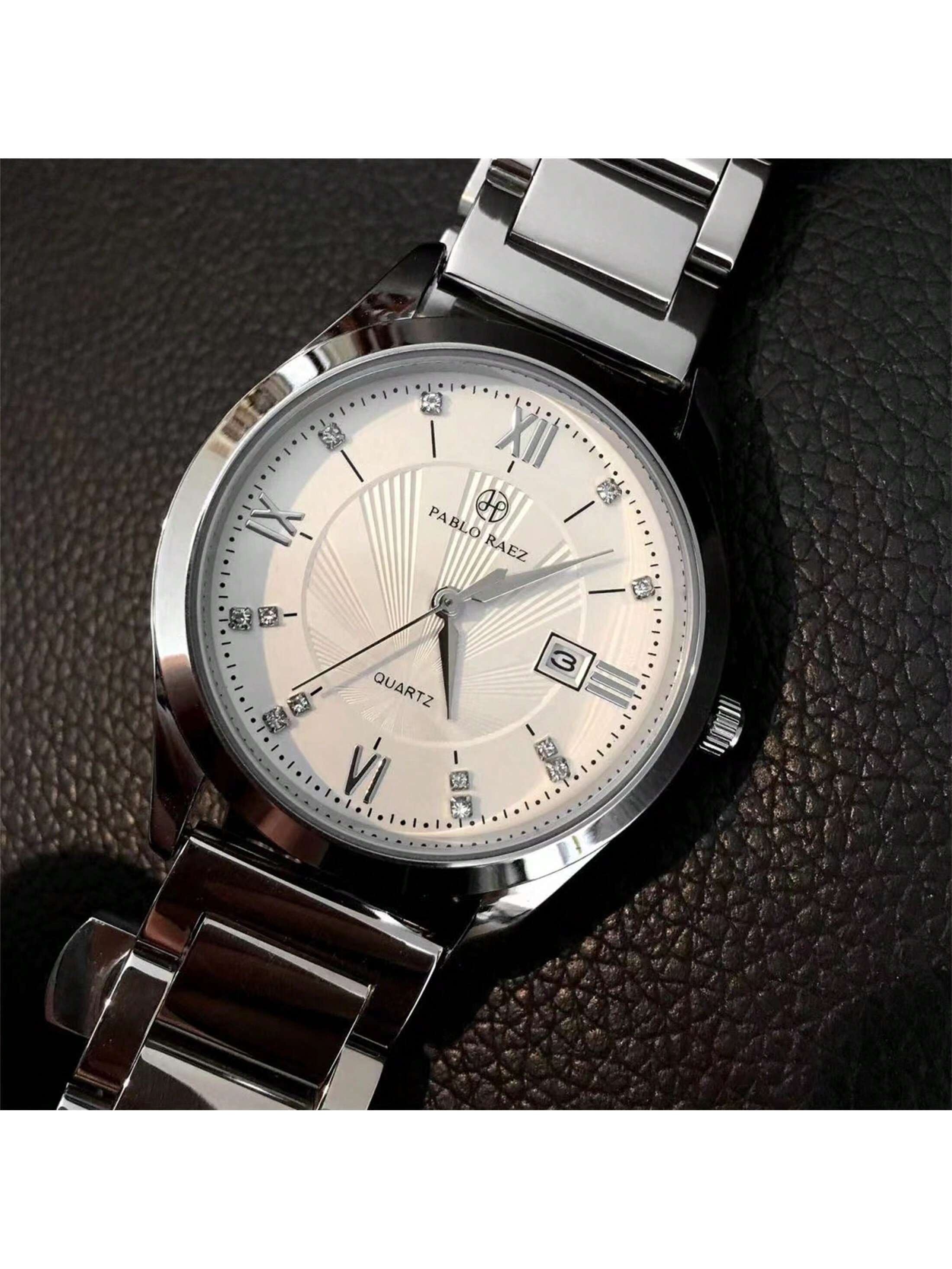 Shein - 1pc Men's Luxurious Style Wristwatch, Silver Stainless Steel Case, White Roman Numeral Dial With Rhinestone Watch