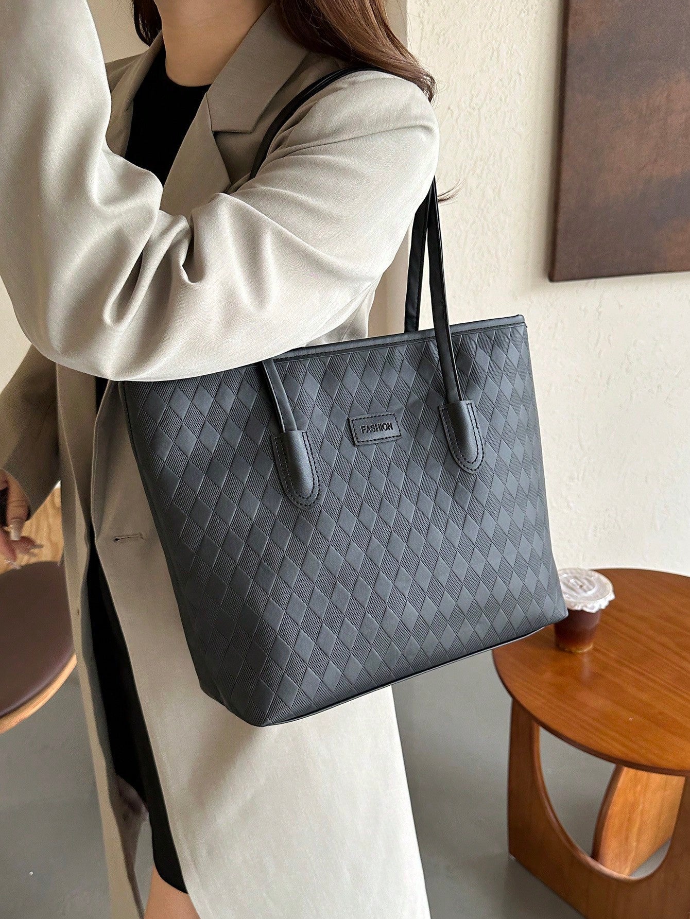 Shein - Plaid Pattern Large Capacity Tote Bag For Women
