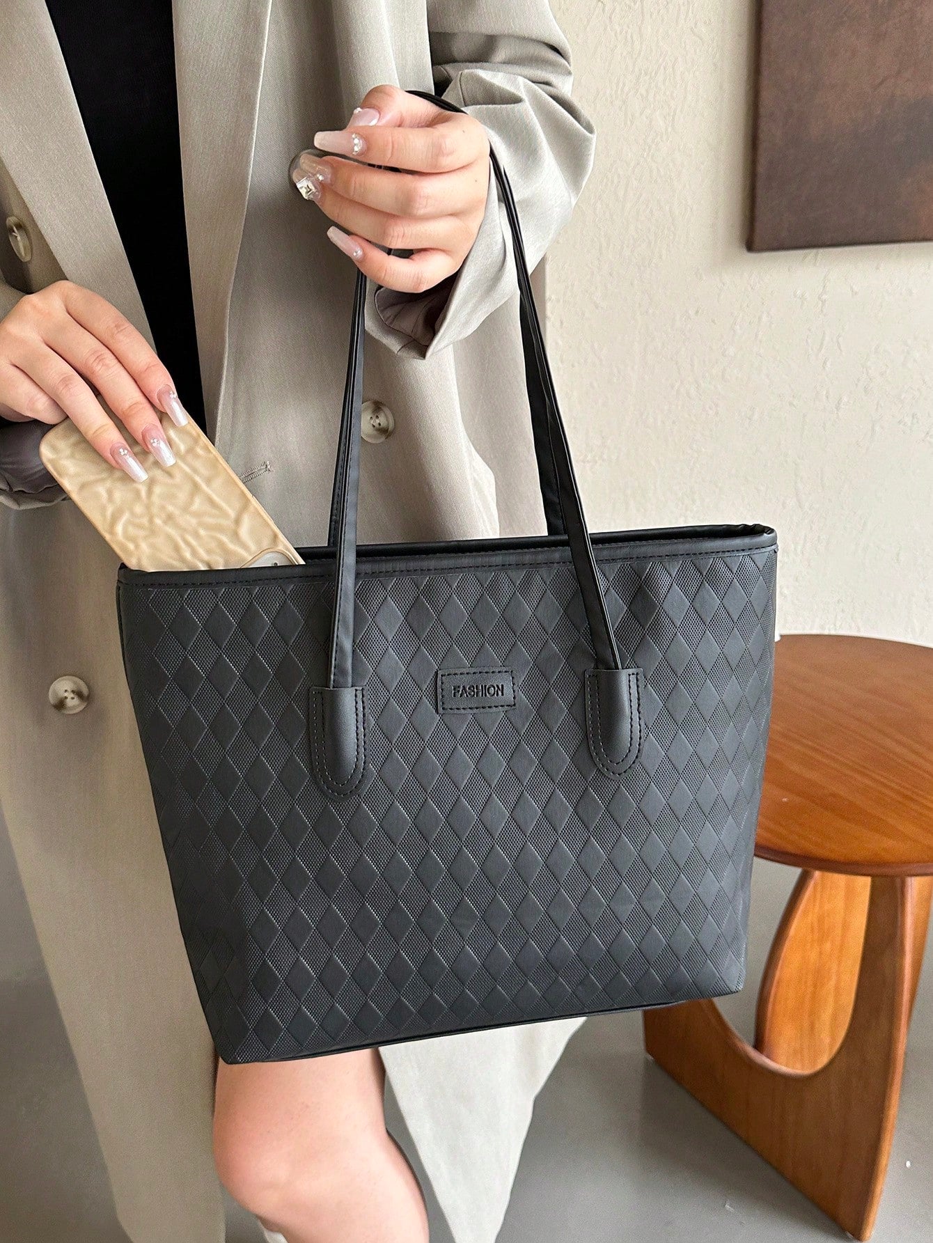 Shein - Plaid Pattern Large Capacity Tote Bag For Women