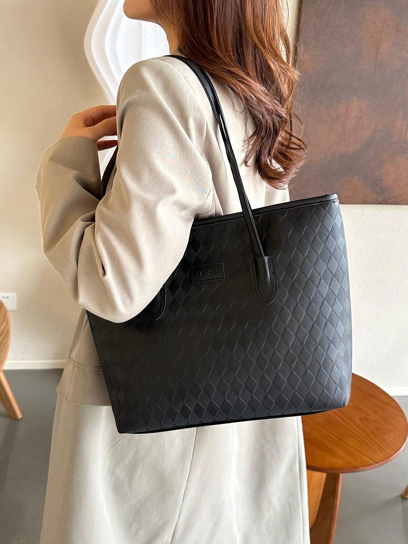 Shein - Plaid Pattern Large Capacity Tote Bag For Women