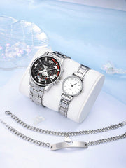Shein - 2pcs/set Couple's Silver Stainless Steel Quartz Watches With Trendy Design, And 2pcs/set Matching Heart-shaped Silver Bracelets