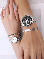 Shein - 2pcs/set Couple's Silver Stainless Steel Quartz Watches With Trendy Design, And 2pcs/set Matching Heart-shaped Silver Bracelets