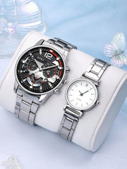 Shein - 2pcs/set Couple's Silver Stainless Steel Quartz Watches With Trendy Design, And 2pcs/set Matching Heart-shaped Silver Bracelets