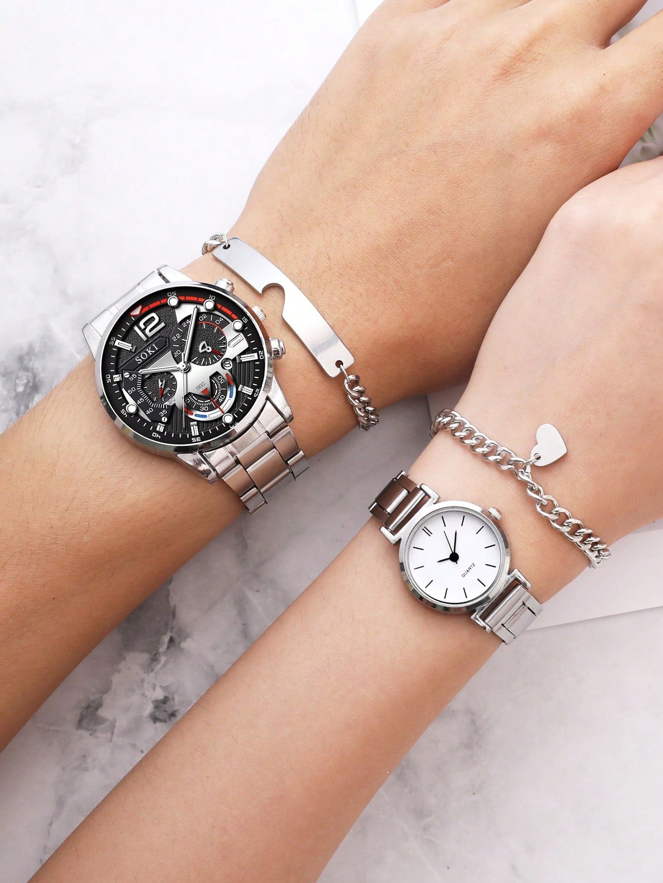 Shein - 2pcs Couple Fashionable Quartz Watches And 2pcs Magnetic Couple Heart Shaped Necklaces