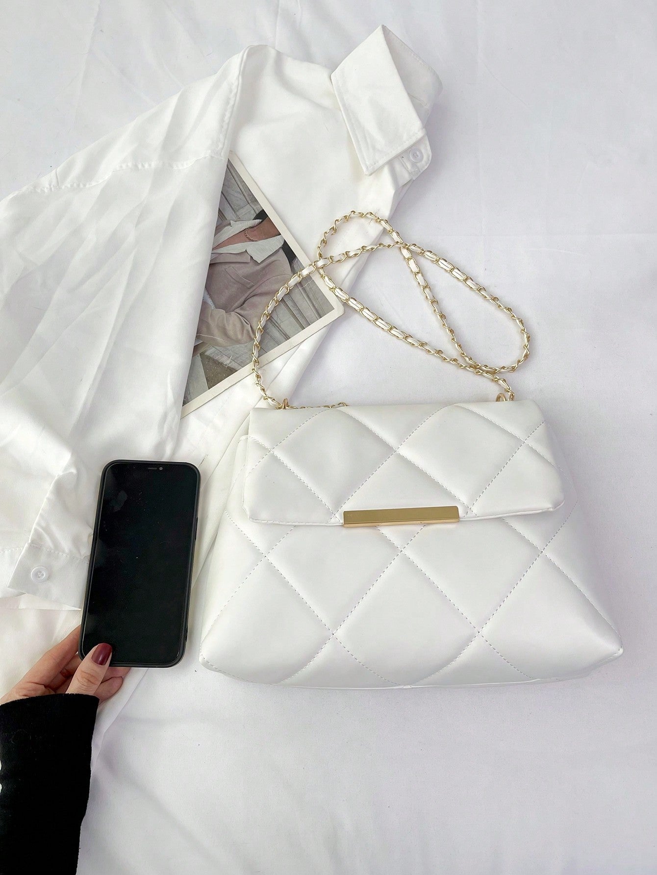 Shein - Quilted Pattern Flap Square Bag Metal Decor Chain