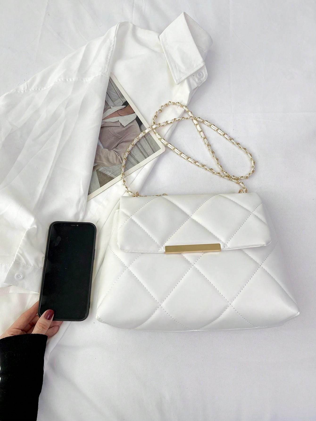 Shein - Quilted Pattern Flap Square Bag Metal Decor Chain