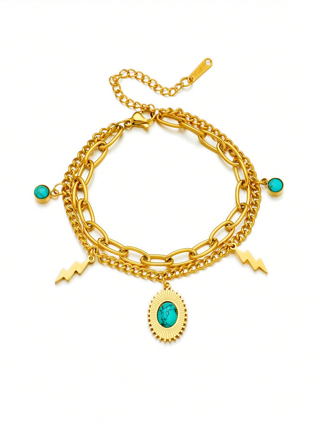 Shein - 1Pc Stainless Steel Double-Layered Turquoise Elliptical Tag Bracelet