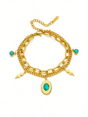Shein - 1Pc Stainless Steel Double-Layered Turquoise Elliptical Tag Bracelet