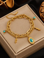 Shein - 1Pc Stainless Steel Double-Layered Turquoise Elliptical Tag Bracelet