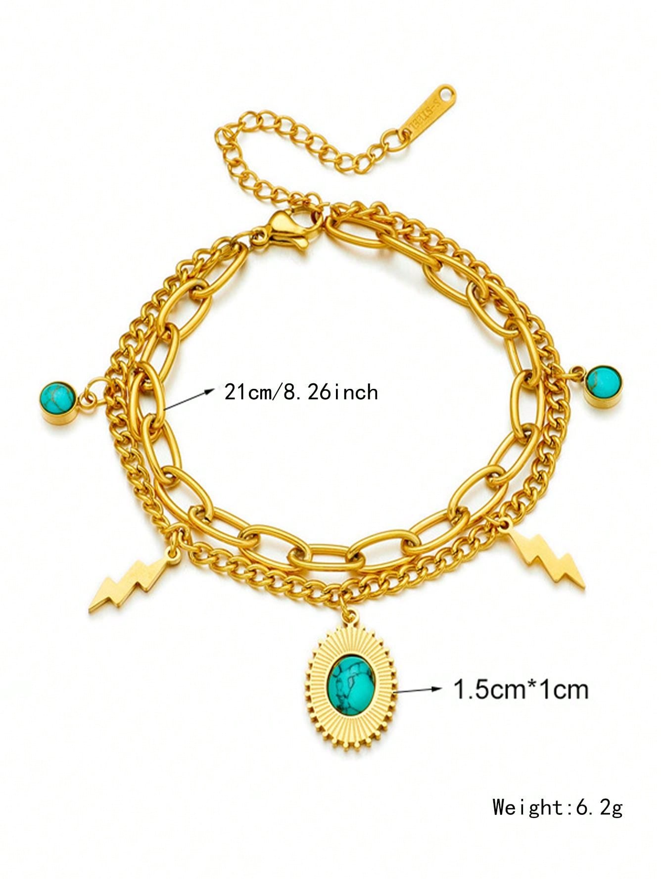 Shein - 1Pc Stainless Steel Double-Layered Turquoise Elliptical Tag Bracelet