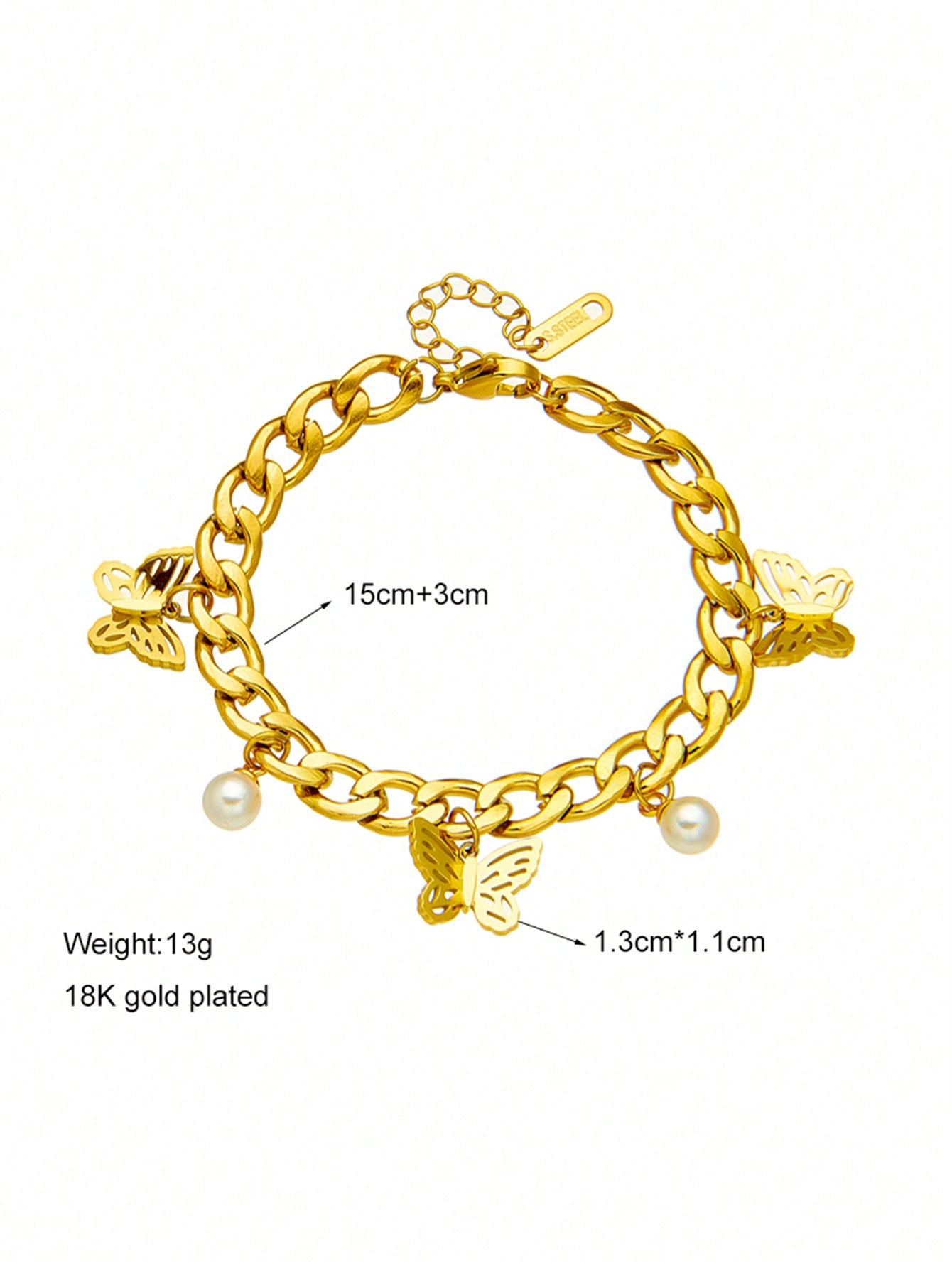 Shein - 1pc Gold Plated Titanium Steel Thick Chain With Beads & Butterfly Pendant For Diy Bracelet Accessory