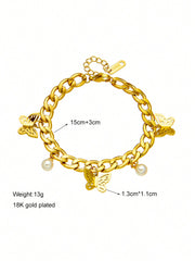 Shein - 1pc Gold Plated Titanium Steel Thick Chain With Beads & Butterfly Pendant For Diy Bracelet Accessory
