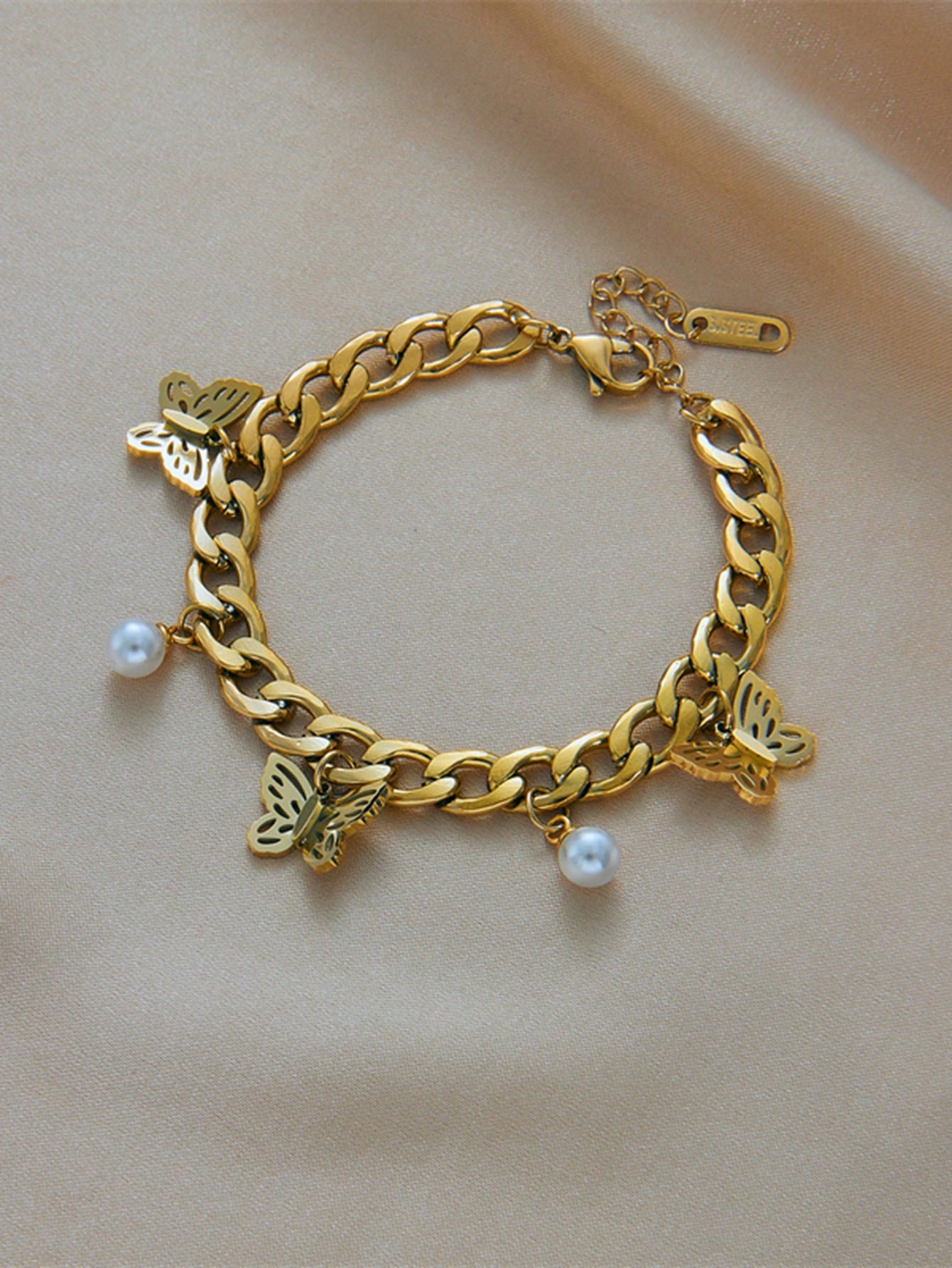 Shein - 1pc Gold Plated Titanium Steel Thick Chain With Beads & Butterfly Pendant For Diy Bracelet Accessory