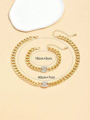 Shein Simple and Elegant Geometric Chain Gold 2 Piece Necklace and Bracelet Set for Women