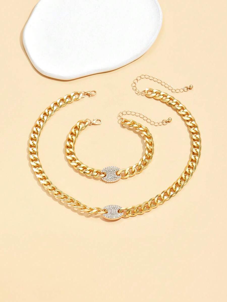 Shein Simple and Elegant Geometric Chain Gold 2 Piece Necklace and Bracelet Set for Women