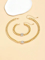 Shein Simple and Elegant Geometric Chain Gold 2 Piece Necklace and Bracelet Set for Women