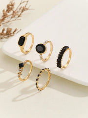 Shein - 5pcs/set Simple Design Black Stone Inlaid Ring Set, Suitable For Women's Daily Wear