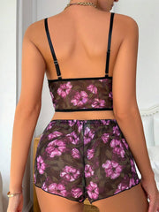 Shein - SHEIN Floral Print Metallic Ring Mesh Lingerie Set