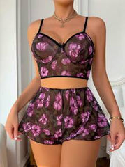 Shein - SHEIN Floral Print Metallic Ring Mesh Lingerie Set