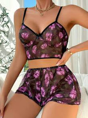 Shein - SHEIN Floral Print Metallic Ring Mesh Lingerie Set