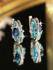 Shein - 1pair Gorgeous Blue White Cubic Zirconia Paved Elegant Trendy Round Decor Earrings Luxury Party Jewelry For Women