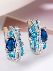 Shein - 1pair Gorgeous Blue White Cubic Zirconia Paved Elegant Trendy Round Decor Earrings Luxury Party Jewelry For Women