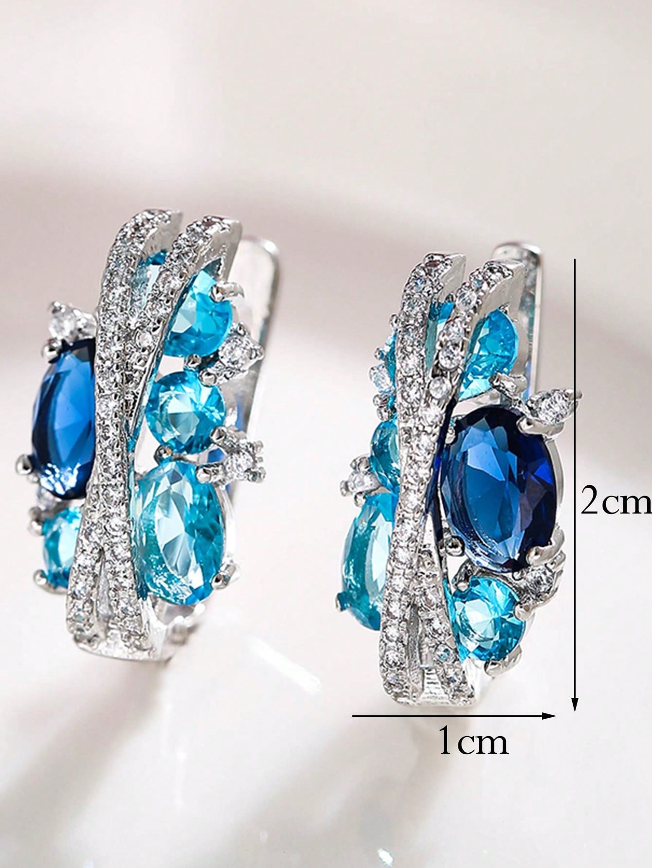Shein - 1pair Gorgeous Blue White Cubic Zirconia Paved Elegant Trendy Round Decor Earrings Luxury Party Jewelry For Women