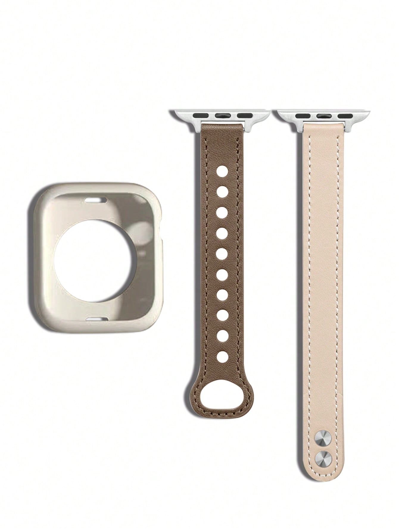 Shein - Apricot & Gray Watch Strap And Watch Case 2pcs Combination, Creative & Fashionable Watch