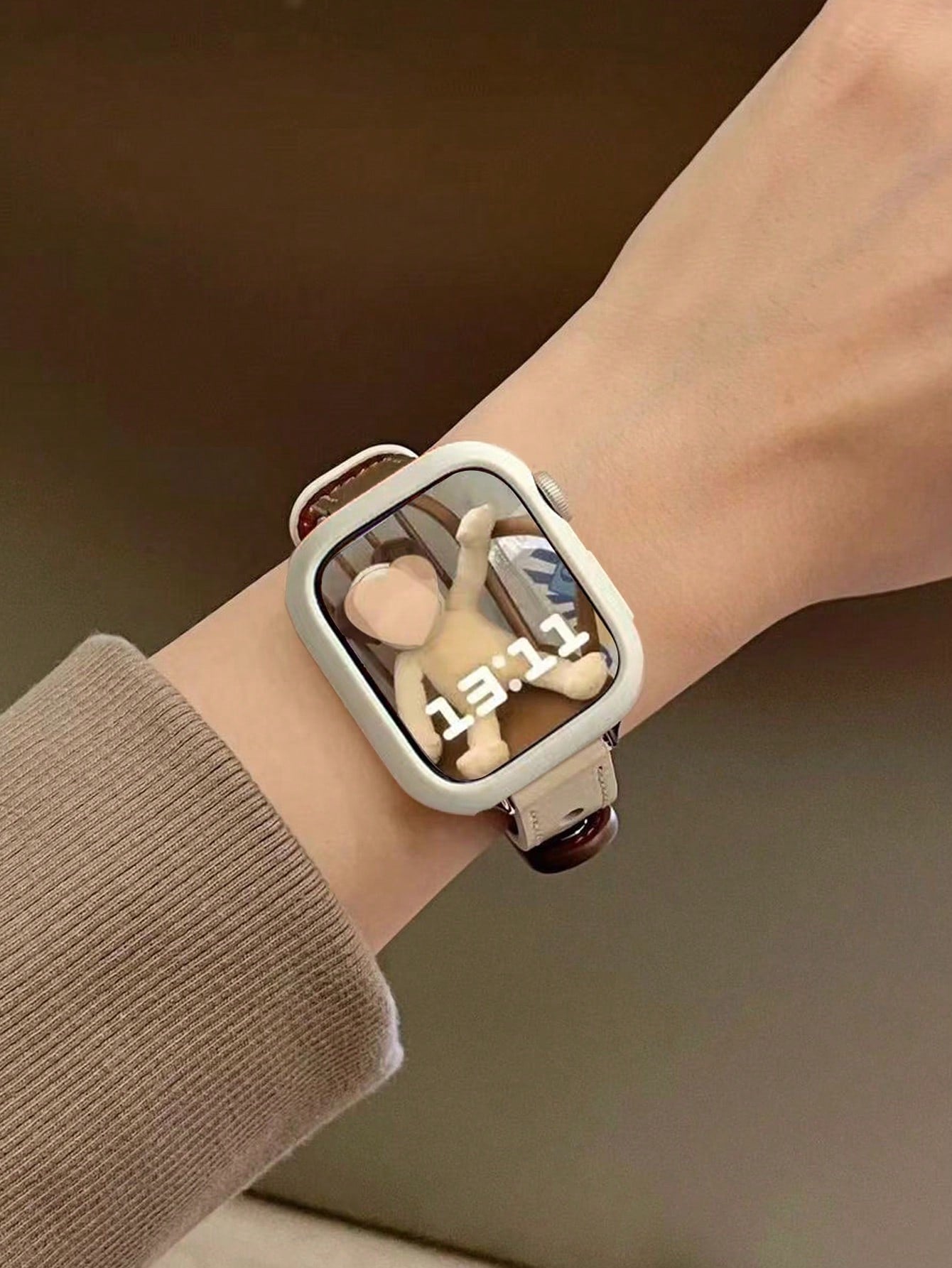 Shein - Apricot & Gray Watch Strap And Watch Case 2pcs Combination, Creative & Fashionable Watch