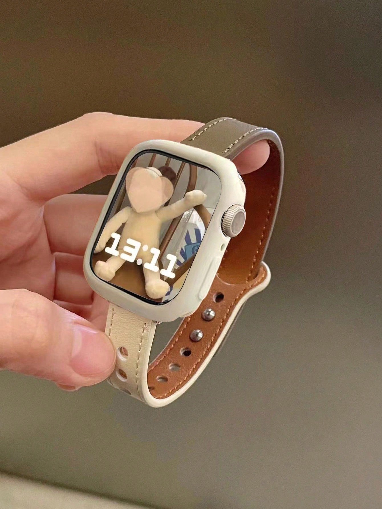 Shein - Apricot & Gray Watch Strap And Watch Case 2pcs Combination, Creative & Fashionable Watch
