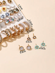 Shein - 30 Pairs/Set Fashionable Alloy Earrings With Rhinestone, Faux Pearl, Resin, Iron, Rose & C Shape Design, Perfect For Women's Daily Wear