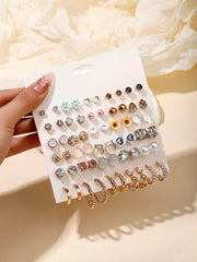 Shein - 30 Pairs/Set Fashionable Alloy Earrings With Rhinestone, Faux Pearl, Resin, Iron, Rose & C Shape Design, Perfect For Women's Daily Wear