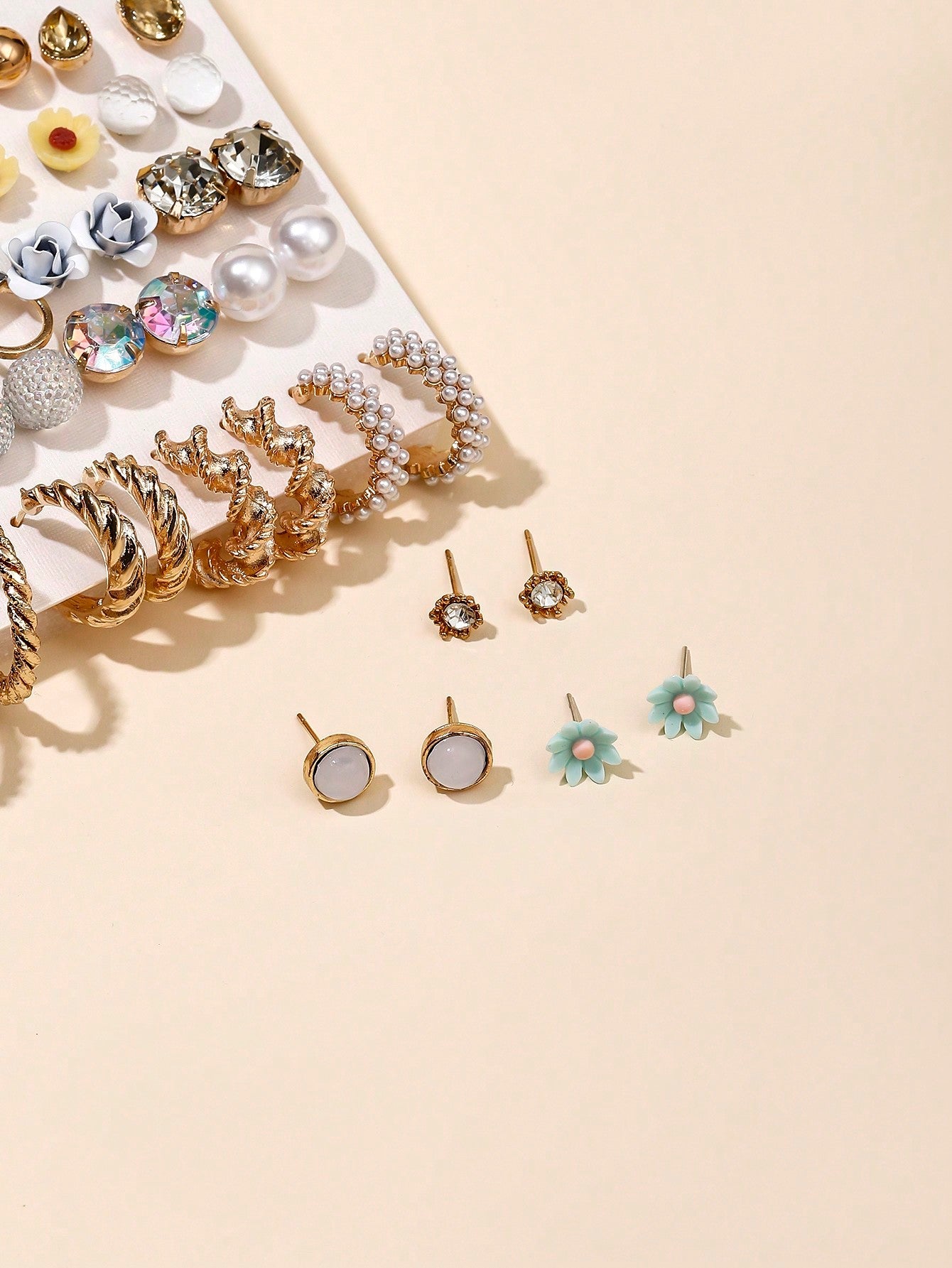 Shein - 30 Pairs/Set Fashionable Alloy Earrings With Rhinestone, Faux Pearl, Resin, Iron, Rose & C Shape Design, Perfect For Women's Daily Wear